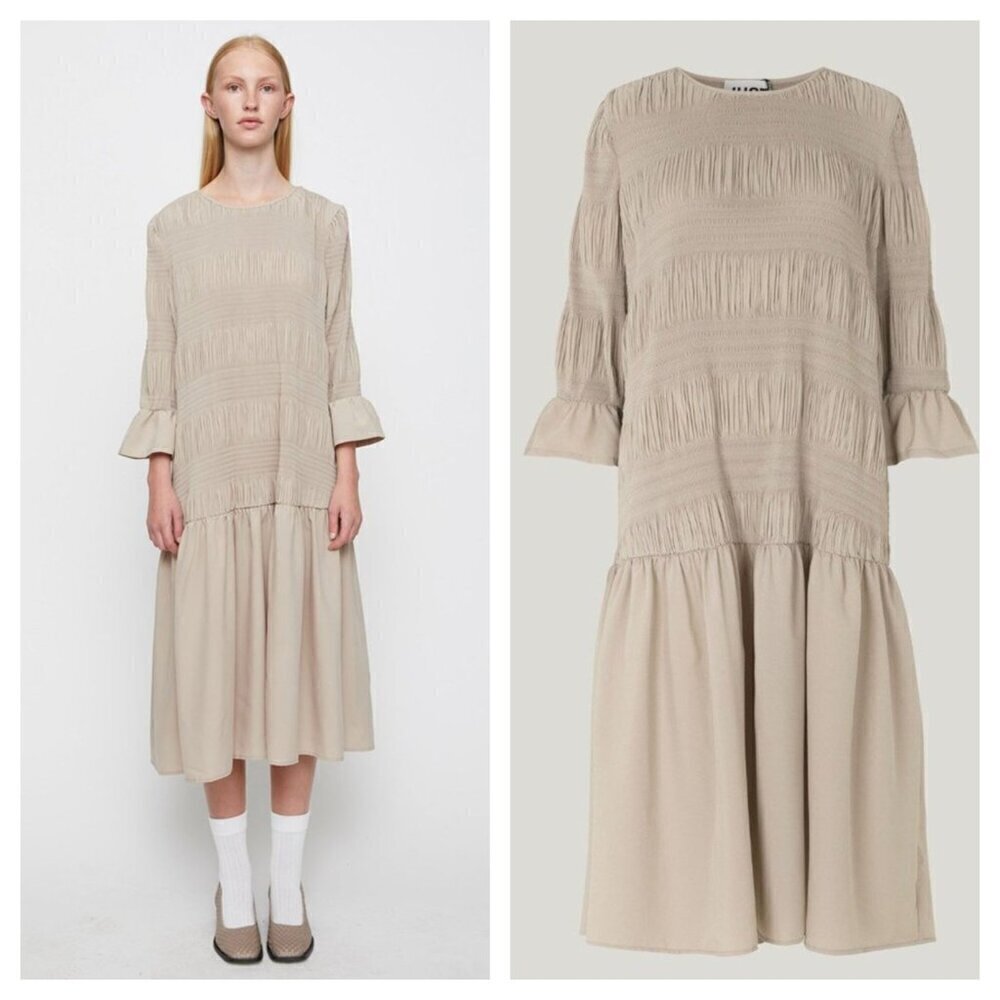 Just Female Etienne Smocked Midi Dress 3/4 Flare Sleeve Cream Grey Tan 34 XS